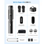 محتویات جعبه میکروفون بی‌سیم BOYA Magic-05 شامل دو فرستنده، گیرنده و کیس شارژ